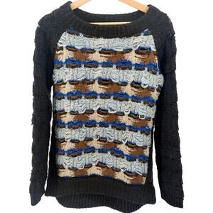 O'2nd Blue Black Grunge Deconstructed Distressed Open Knit Sweater